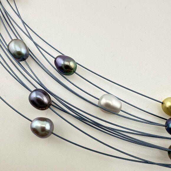 Honora Pearl Necklace Illusion Wire Blue Multi Color Gray Multi Strand Box - Picture 3 of 15